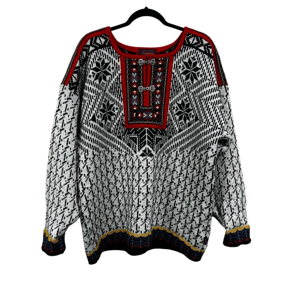 Vintage Telemark Style Black White Red Fair Isle Norwegian Wool Sweater Large